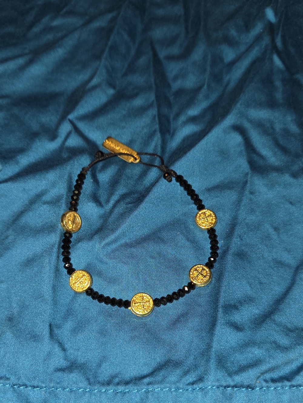 Gold Coin and Black Bead Adjustable Bracelet